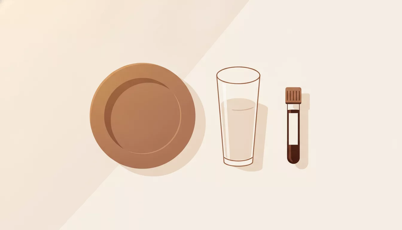 Petit-déjeuner et tube de prélèvement illustrant le jeûne avant une prise de sang